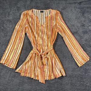 Tribal Warm Stripe Tie Tunic XS Bell Sleeve Artsy Resort Unique Boho Peasant 70s